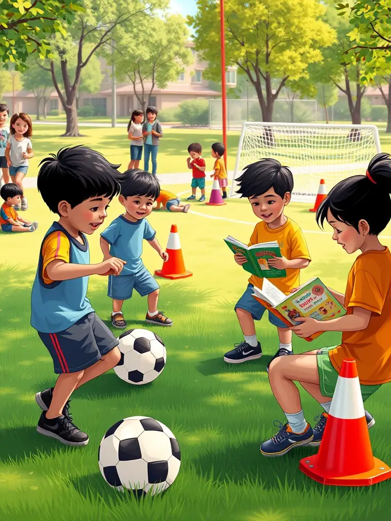 Children participating in a soccer clinic while learning about literacy, with a focus on Hispanic youth enjoying both activities.