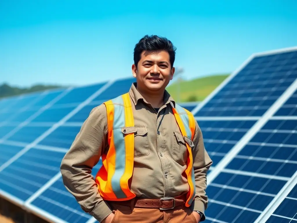 A Hispanic professional working in a clean energy job, showcasing the success of the Untapped clean energy career platform.