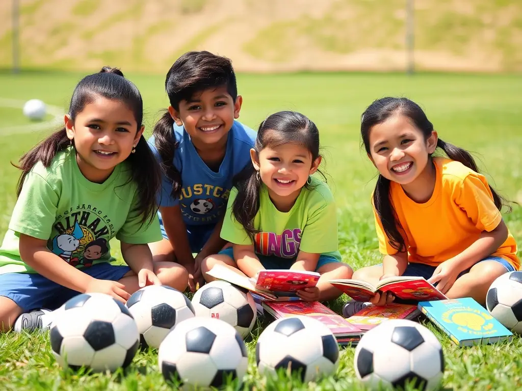 A group of young Hispanic students participating in a soccer literacy clinic, smiling and engaged in the activity, with books and soccer balls visible.