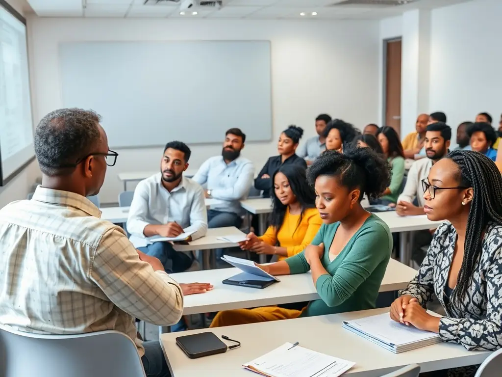 A Hispanic entrepreneur attending an Empresarios training session, actively participating in a workshop and networking with other business owners.