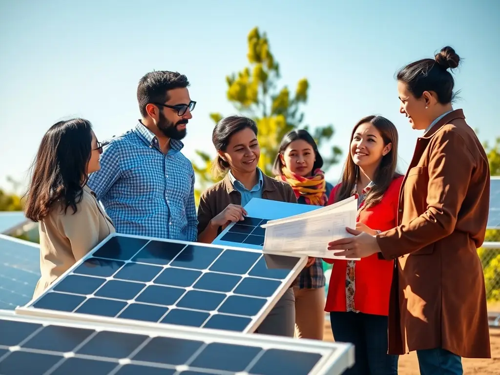 A diverse group of young adults participating in a clean energy training session, focused on solar panel installation, with a backdrop of modern solar panels and wind turbines, symbolizing the future of clean energy careers.