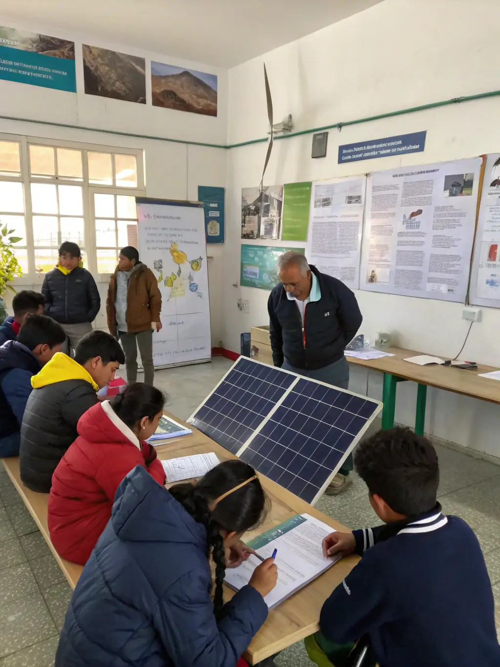 An image showcasing participants in a clean energy training workshop, focusing on Hispanic individuals learning about solar panel installation.