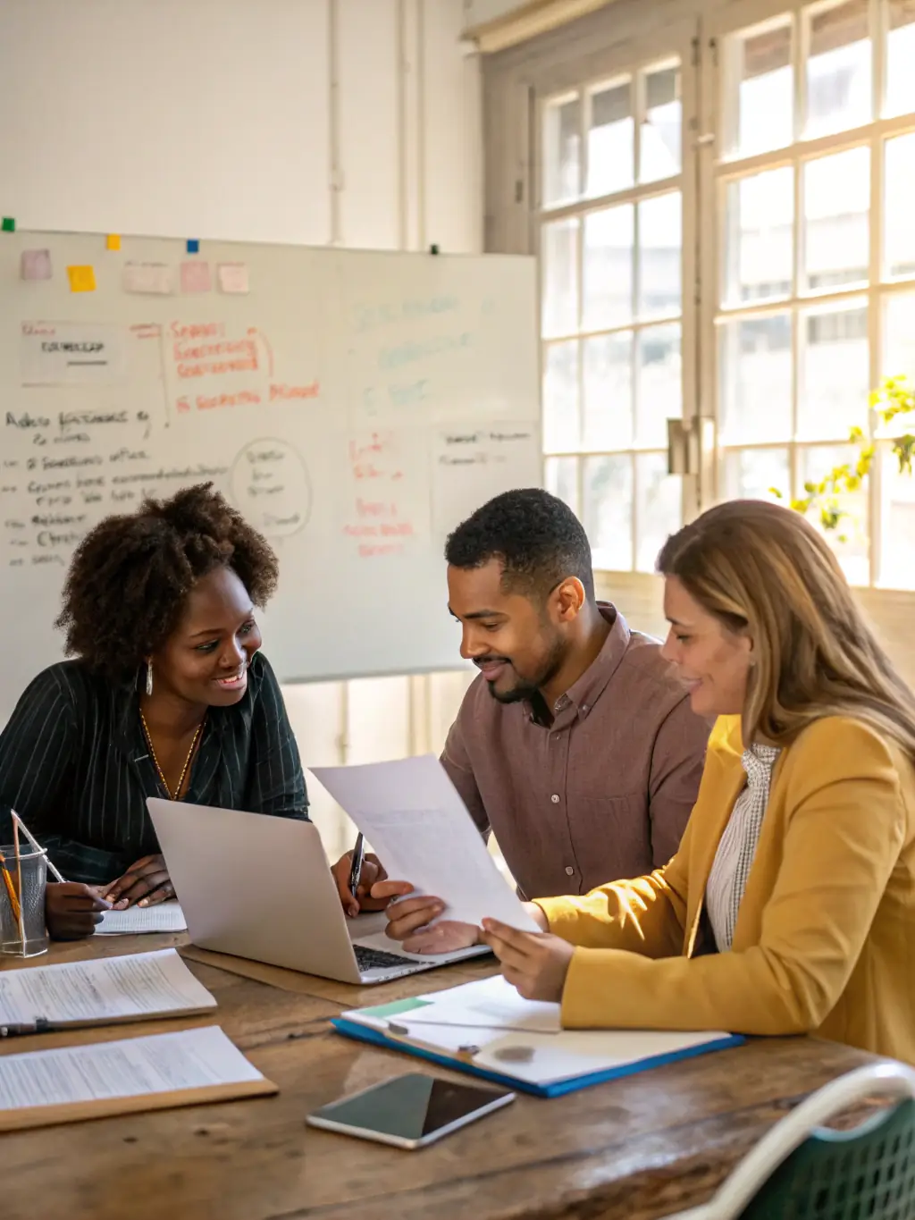 A group of diverse Hispanic entrepreneurs engaged in a business training session, collaborating on a business plan.