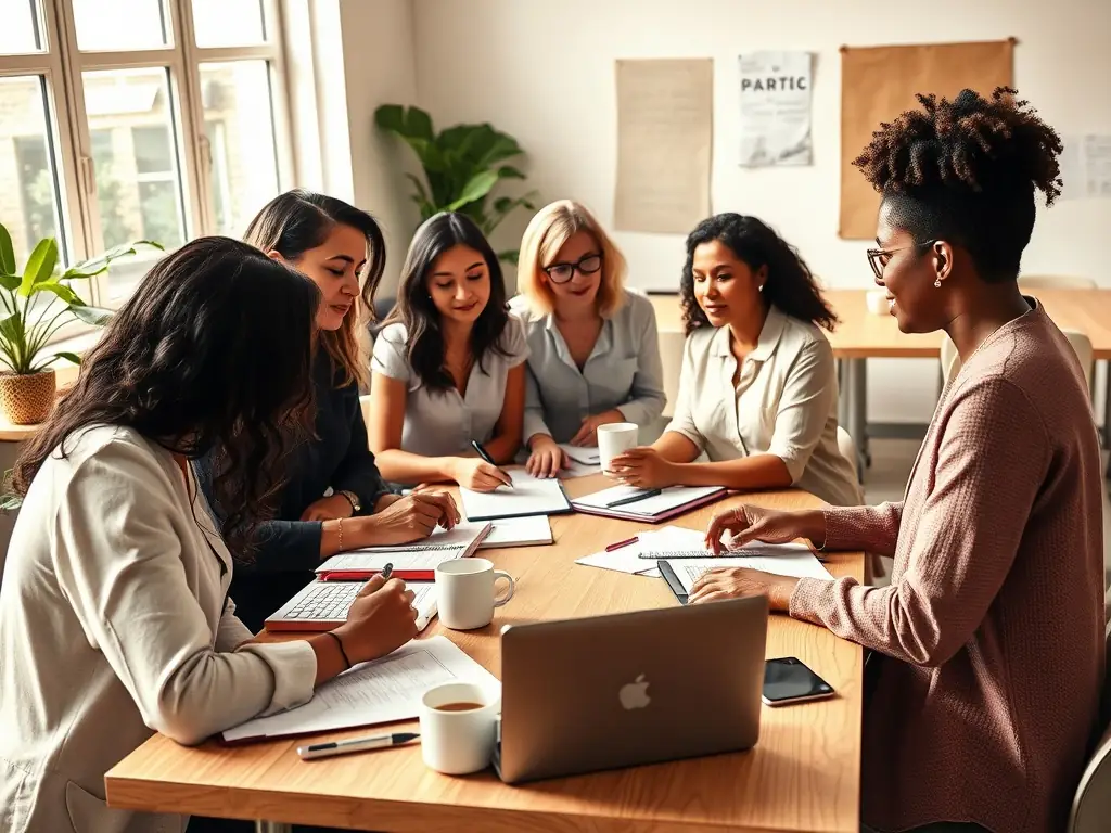 A group of Hispanic entrepreneurs collaborating in a workshop setting, reviewing business plans and discussing growth strategies, with laptops and financial documents spread across the table.
