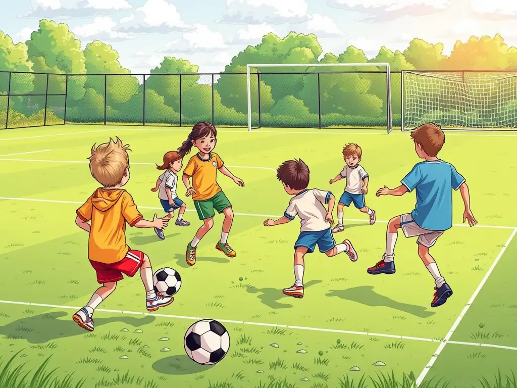 Hispanic children participating in a soccer clinic, with coaches demonstrating techniques and emphasizing the importance of literacy, set against a backdrop of a vibrant community park.
